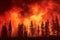 Forest wildfire, dark red sky willed with heavy smoke over trees silhouettes. Generative AI illustration with copy space