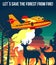 Forest wildfire with fire amphibian aircraft & deer with fawn looking on wildfire illustration poster or banner