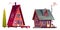 Forest wooden cabin house isolated cartoon set