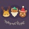 Forest or woodland animals squirrel, fox, deer in Christmas themed hats and headbands. Merry and Bright hand lettering. Vector