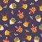 Forest or woodland animals squirrel, fox, deer in Christmas themed hats and headbands. Vector seamless pattern or wallpaper