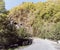 Forested mountains  and the bend of a mountain road in the mountainous part of Georgia