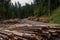 forester works, wood logs in large big piles near forest