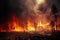 forestfire. Burning dry grass, trees and bushes in the foreground.