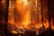 forestfire. Burning dry grass, trees and bushes in the foreground.