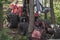 Forestry harvester during a job among trees