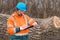 Forestry technician collecting data notes in forest