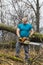 Forestry worker - lumberjack works with chainsaw. He cuts a big