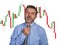 Forex and stocks market trading stress and risk - Attractive stressed and desperate trader man and investor blowing capital out of