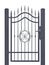 Forged decorative pedestrian gate, isolated vertical large detailed dark grey silhouette closeup wrought iron fleur-de-lis lattice