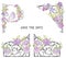 Forged fence and corner border with pink roses, leaf, bird and fern. Vintage baroque ornament and romantic garden flowers.