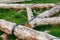 forged steel stripe connection of wooden log beams for roof support girder framework laid on green grass at summer day