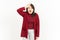 Forget Something gesture Of Beautiful Asian Woman Wearing Red Shirt Isolated On White