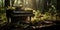 Forgotten, dilapidated piano in an overgrown, sunlit forest , concept of Abandoned