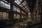 a forgotten factory, with rusted machinery and broken windows