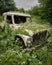 A forgotten military truck overgrown with a carpet of white clover. Abandoned landscape. AI generation