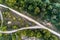 Fork dirt road in the forest. Aerial view, vertically from top to bottom