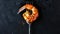 Fork with grilled shrimp, black clear background. Aesthetic seafood concept. Generative AI