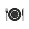 Fork knife and plate icon logo. Simple flat shape restaurant or cafe place sign. Kitchen and diner menu symbol.