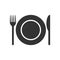 Fork knife and plate icon logo. Simple flat shape restaurant or cafe place sign. Kitchen and diner menu symbol.