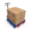 Fork pallet truck stacker with stack of boxes on white 3D Illustration