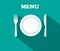 Fork, plate, knife - icons of lunch. Graphic decoration for menu of restaurant. Utensil for dinner. Cutlery for dish. Symbol of
