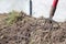 Fork with red handle for composting, recycling lawn and garden waste. Forks stuck in compost. Making and mixing compost in the