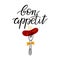 Fork with sausage and lettering - Bon appetit. Hand-drawn coloured illustration in sketch style