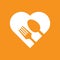 Fork and spoon on heart, Icon flat design on orange background, Love dining or romance concept idea, Vector illustration.