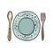 Fork, spoon and plate with floral ornaments, boho icon for menu, food concept. Colored line illustration for cafe