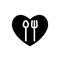 Fork and spoon white simple silhouettes in heart black shape icon. Cutlery in your kitchen design  illustration. EPS 10.