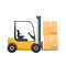 Forklift with boxes, packages, cargo, products. Machine with raised load.