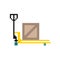 Forklift with cargo wooden box . Illustration in the style of pixel art