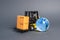 Forklift carrying boxes and blue planet earth glass globe. The concept of commerce and trade, cargo delivery, exchange of goods