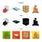 Forklift, delivery slips, packaged goods, cargo on weighing scales. Logistics and delivery set collection icons in