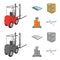 Forklift, delivery slips, packaged goods, cargo on weighing scales. Logistics and delivery set collection icons in