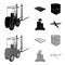 Forklift, delivery slips, packaged goods, cargo on weighing scales. Logistics and delivery set collection icons in black