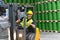 Forklift driver in a logistics hall of a chemical warehouse