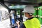 Forklift driver in a logistics hall of a chemical warehouse