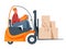 Forklift with driver moving parcel boxes in warehouse, man driving cargo loading machine