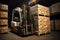 A forklift efficiently transports a stack of boxes within a busy warehouse, Forklift stuffing-unstuffing pallets of cargo to