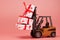 Forklift and gift boxes on pink background with copy space. Valentine`s Day