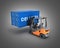 Forklift handling the cargo shipping container with an inscription delivery isolated on black gradient background 3d render