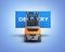 Forklift handling the cargo shipping container with an inscription delivery isolated on blue gradient background 3d render