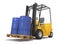 Forklift for an industrial warehouse with a pallet and barrels
