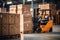 Forklift inside warehouse center with cardboard boxes on a pallets