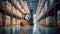 Forklift in the large modern warehouse, Large goods warehouse with shelves of pallet rack system storage