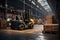 The forklift is in a large warehouse. AI generative