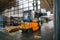 Forklift loader in storage warehouse ship yard. Distribution products. Delivery. Logistics. Transportation. Business