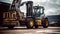 Forklift Loading Container in Busy Shipping Yard